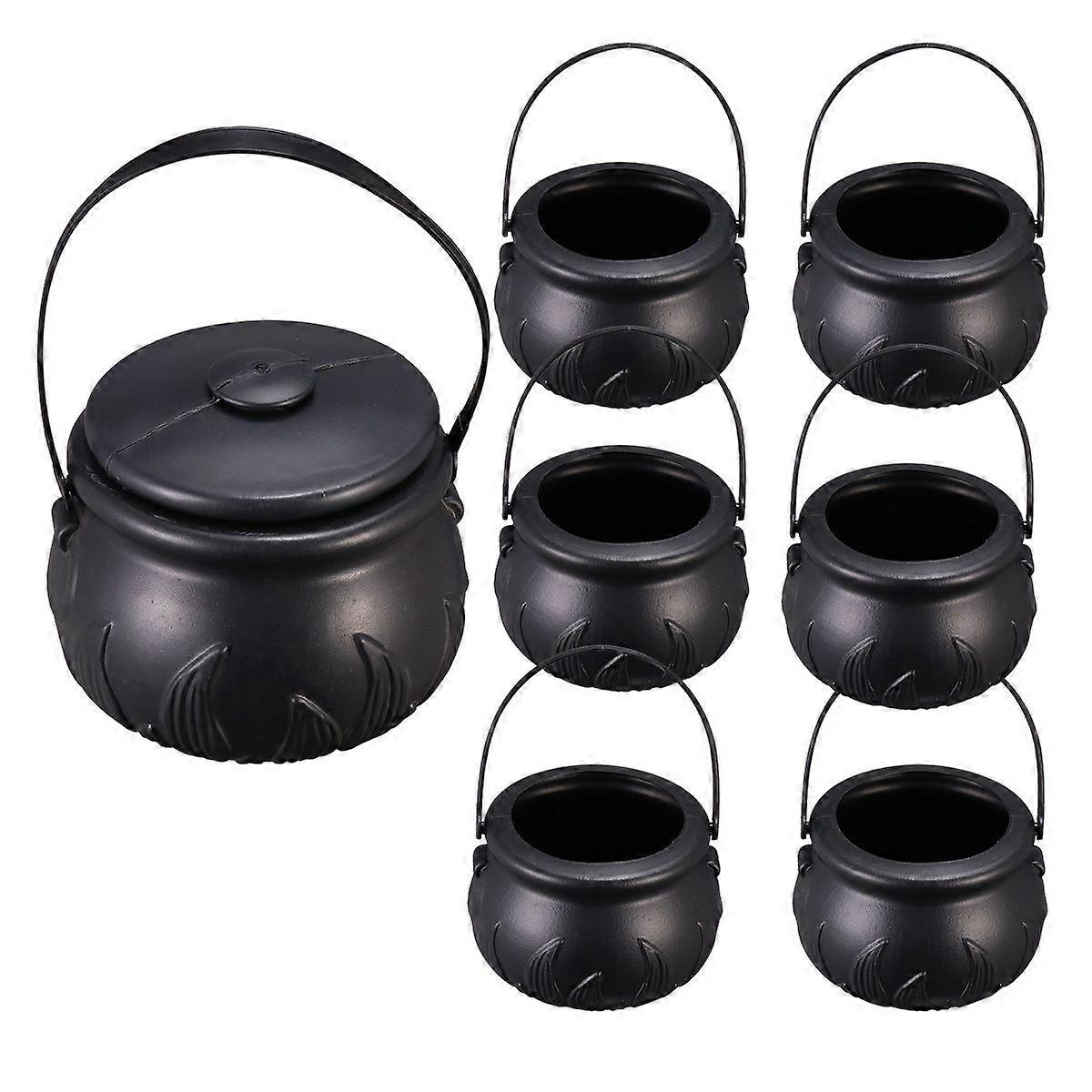 7 Pcs Novelty Candy Kettles with Lid Halloween Black Kettles Candy Holder Witches Cauldron with Handle (1pc Size L without Fire Pattern, 6pcs Size S w