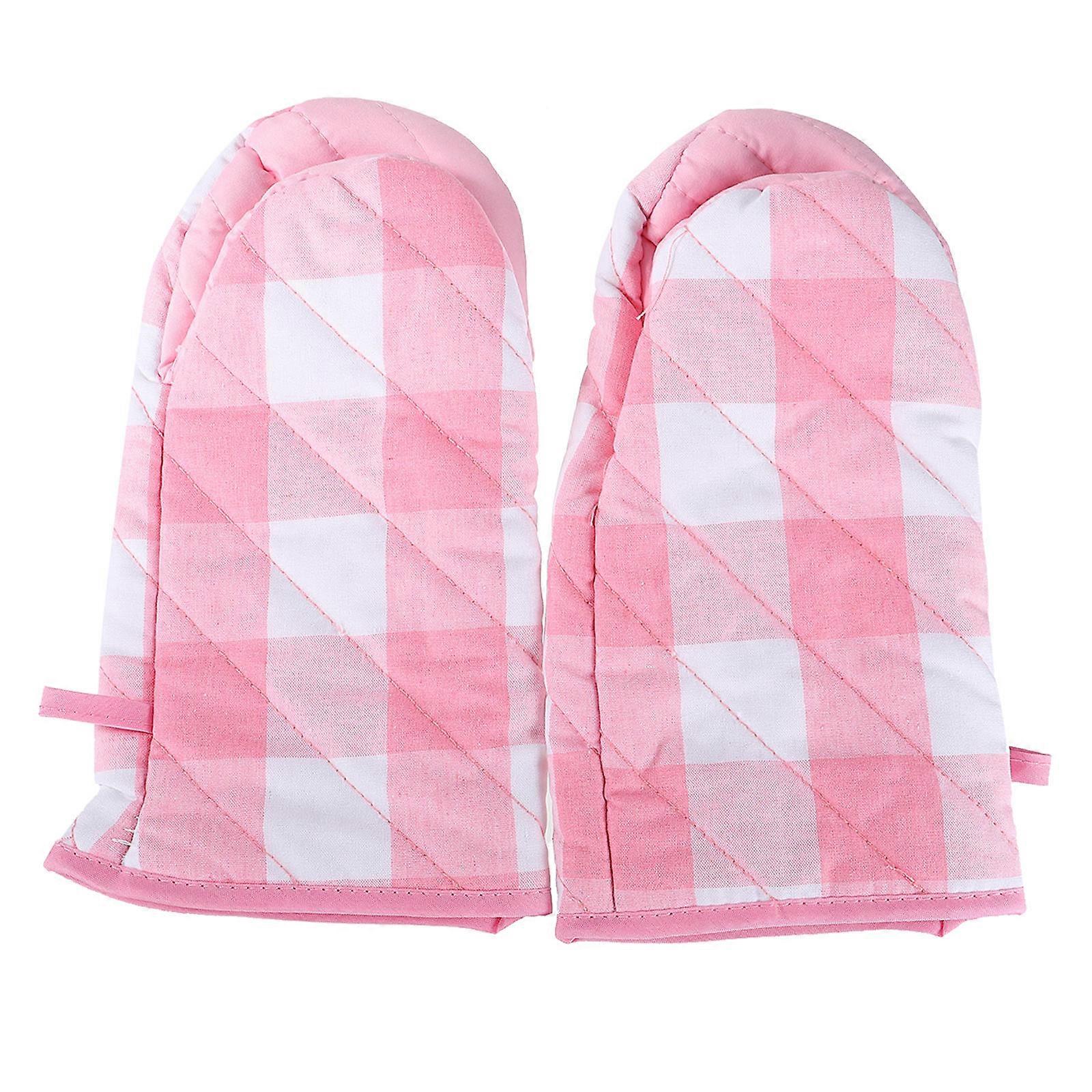 Pink Plaid Oven Mitts Heat Resistant for Kitchen Use Made of Cotton Ideal for Baking and Cooking 2pcs