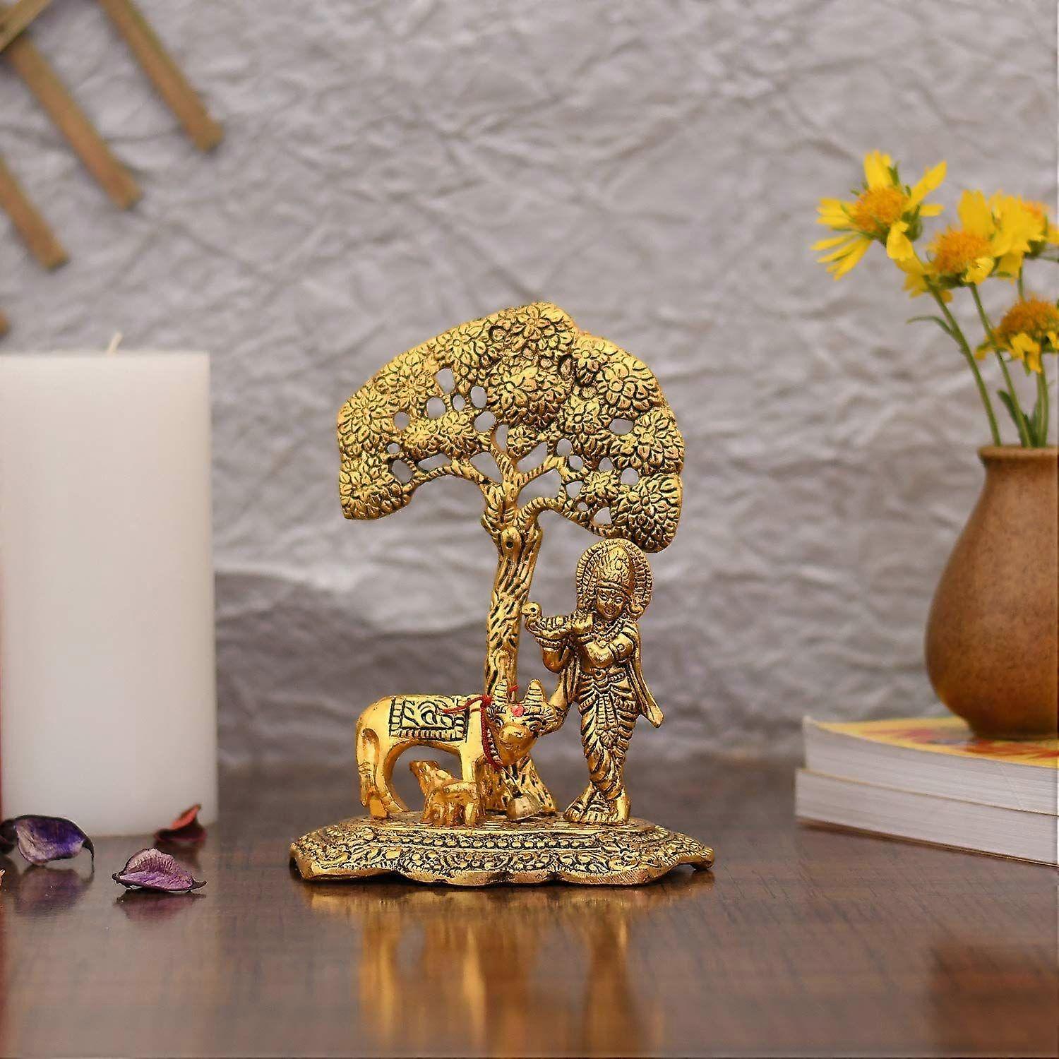 Metal Krishna Idol Murti with Kamdhenu Cow - Showpiece Articles for Home Decor