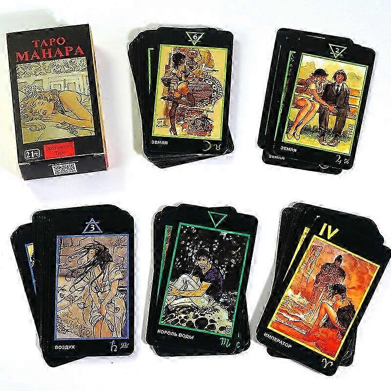 The Manara Tarot deck, with 78 cards and a guidebook in Russian, measures 10.3x6cm and is a must-have for board game enthusiasts.