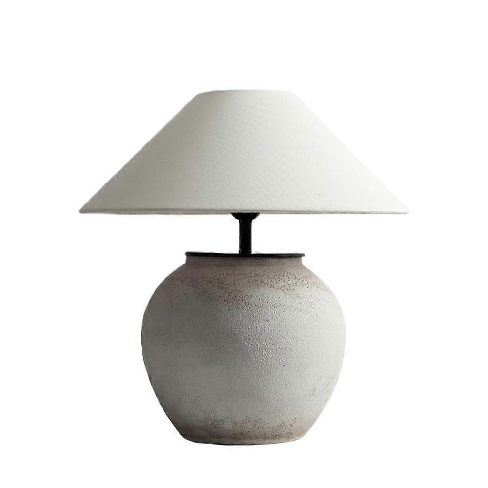 Handmade Ceramic Table Lamp with Linen Fabric Shade, Large White Bedside Lamp for Bedroom and Living Room, Small Table Lamps