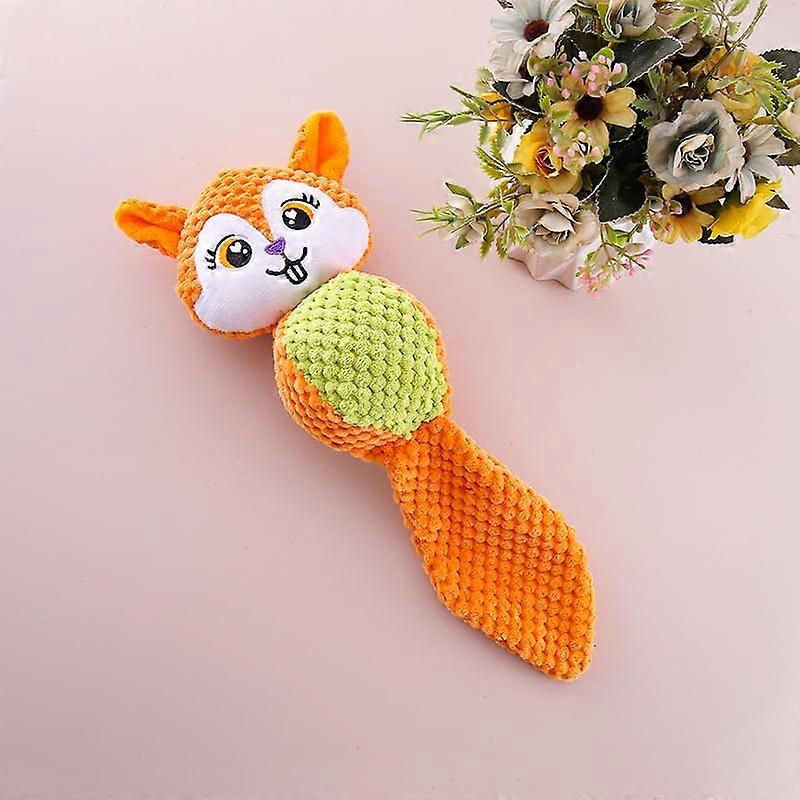 Plush chew toy for dogs, squeaky, soft corn fleece, interactive for puppies, durable, orange.