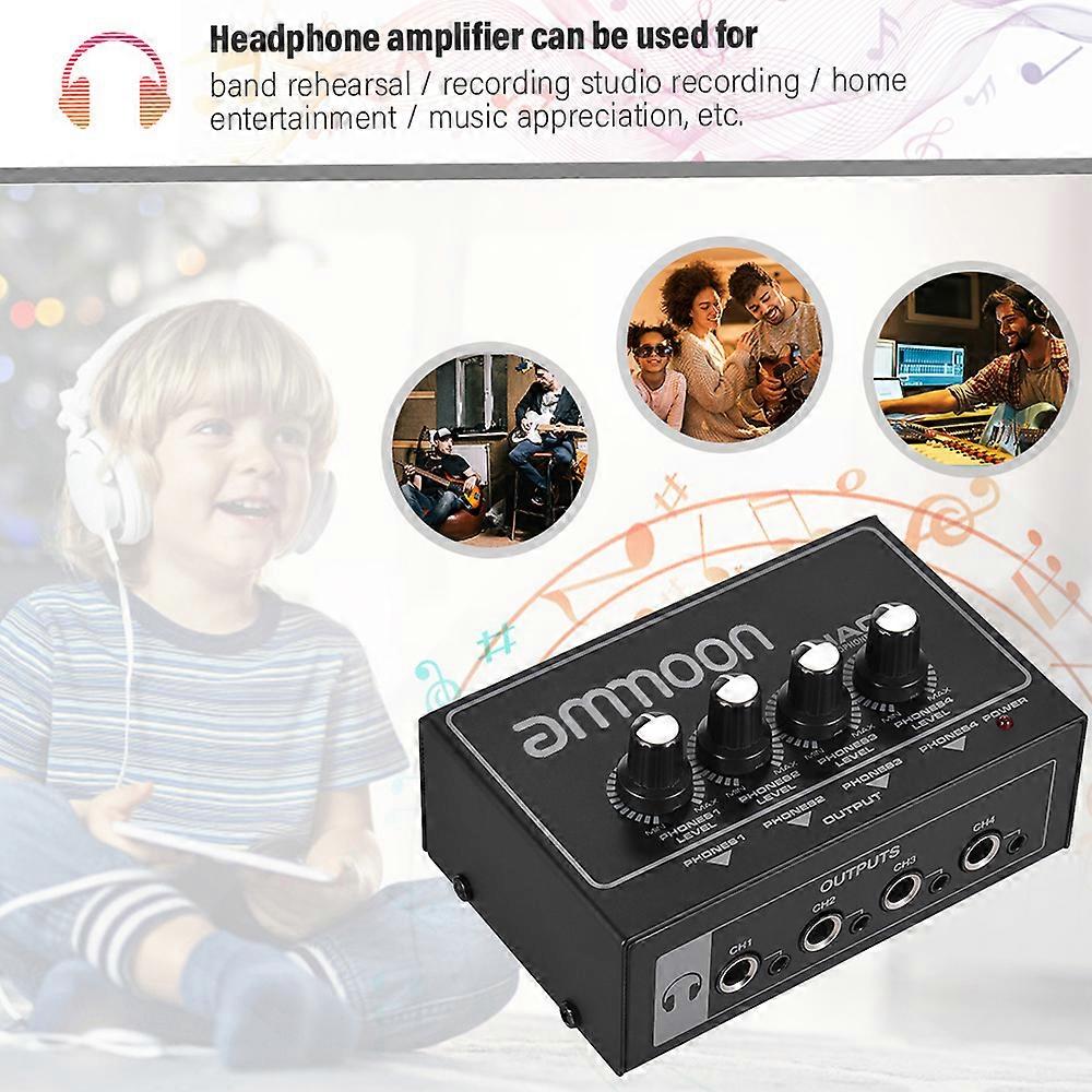 ammoon AHA04 Portable 4-Way Headphone Amplifier Amp with 1/4 inch & 1/8 inch Inputs Outputs RCA Stereo Input Volume Control
