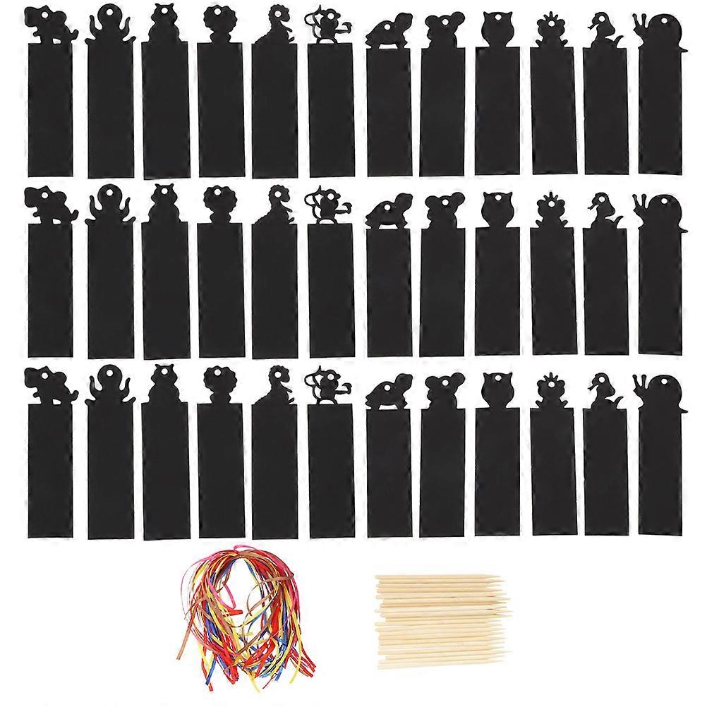 Animal Scratch Bookmarks for Kids DIY on Black White Cardboard with Ribbon and Bamboo 1 Set