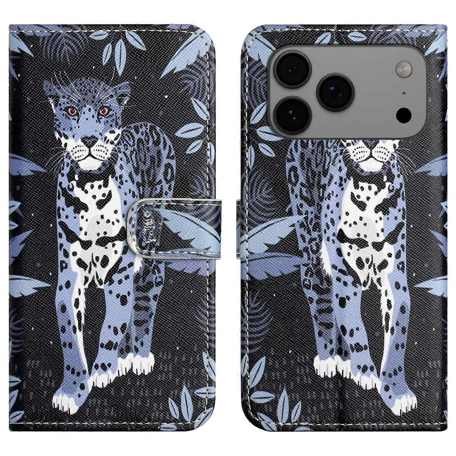 For iPhone 17 Pro Case Pattern Print PU Leather Wallet Phone Cover Cross Texture - Leopard