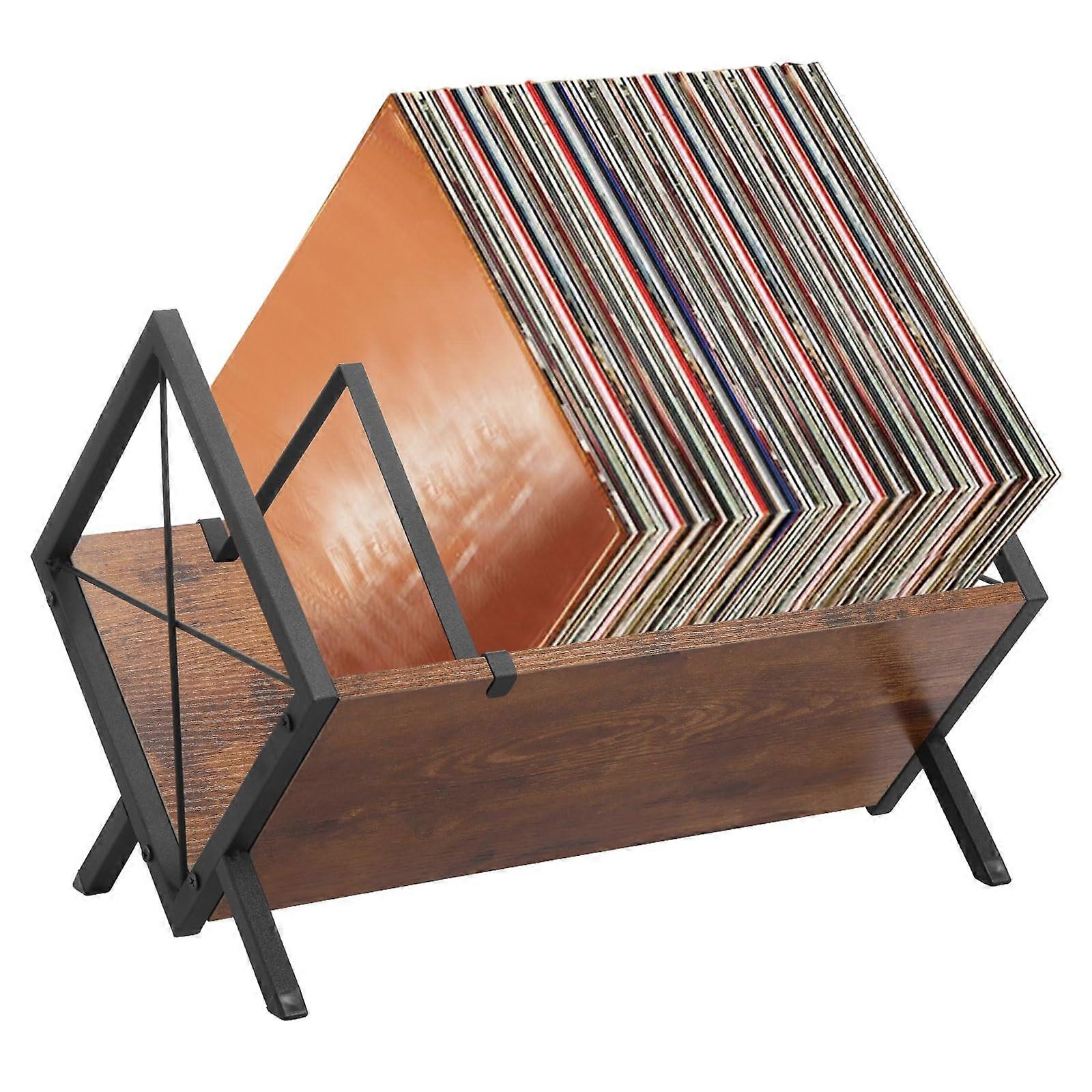 Vinyl Record Organizer Stand, 40x30x30 CM Wooden Metal Storage Rack with Adjustable Divider for Albums, CDs, and Magazines in Retro Style