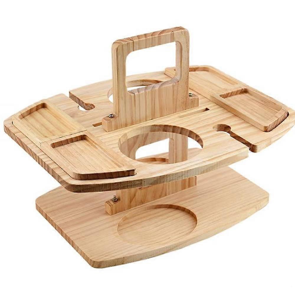 Creativity Double Layer Picnic Table, Outdoor Wooden Dining Table with Handle, 2 Wine Glass Holders, 2 Wine Bottle Holders, 4 Food Trays