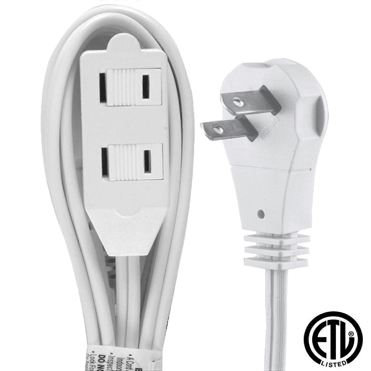 Wideskall 12 Feet 2 Prong 16 Gauge 3 Outlets Angle Flat Plug ETL Listed Indoor Extension Cord White
