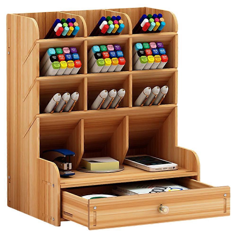 Wooden Pen Holder Desktop Storage Shelf for Office 2Pcs Large Capacity Box