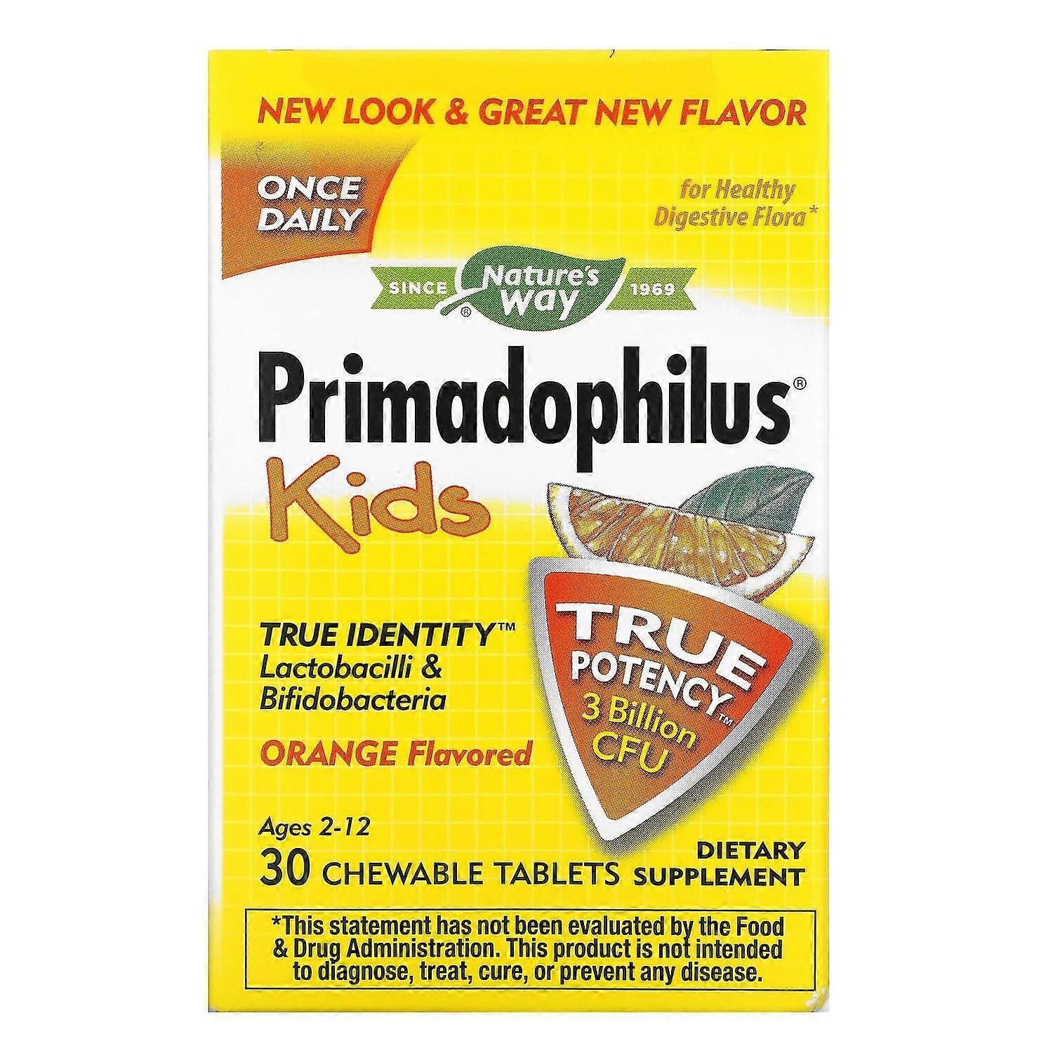 Nature's Way, Primadophilus, Kids, Age 2-12, Orange Flavored, 3 Billion CFU, 30 Chewable Tablets