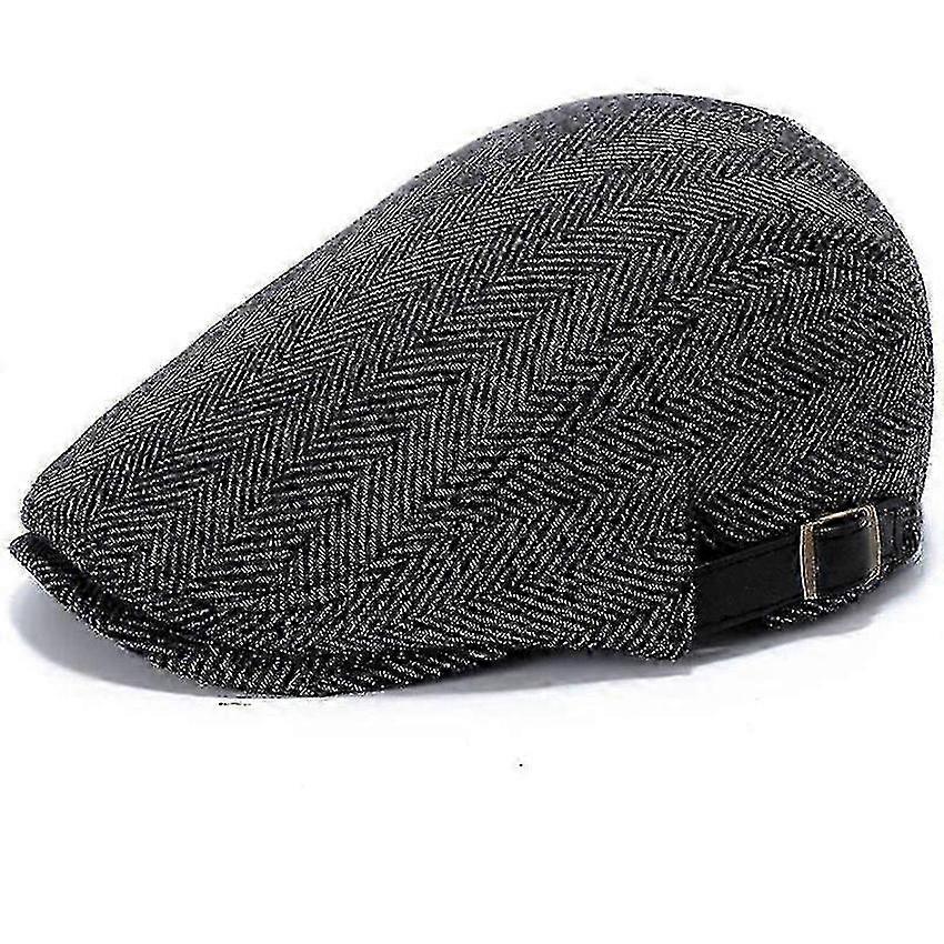 Flat Beret Cap for Men Adjustable Winter Hat Herringbone