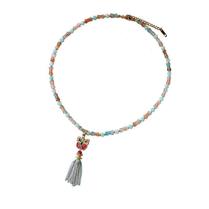 New Chinese style colorful natural stone butterfly necklace versatile high-end simple niche clavicle chain
