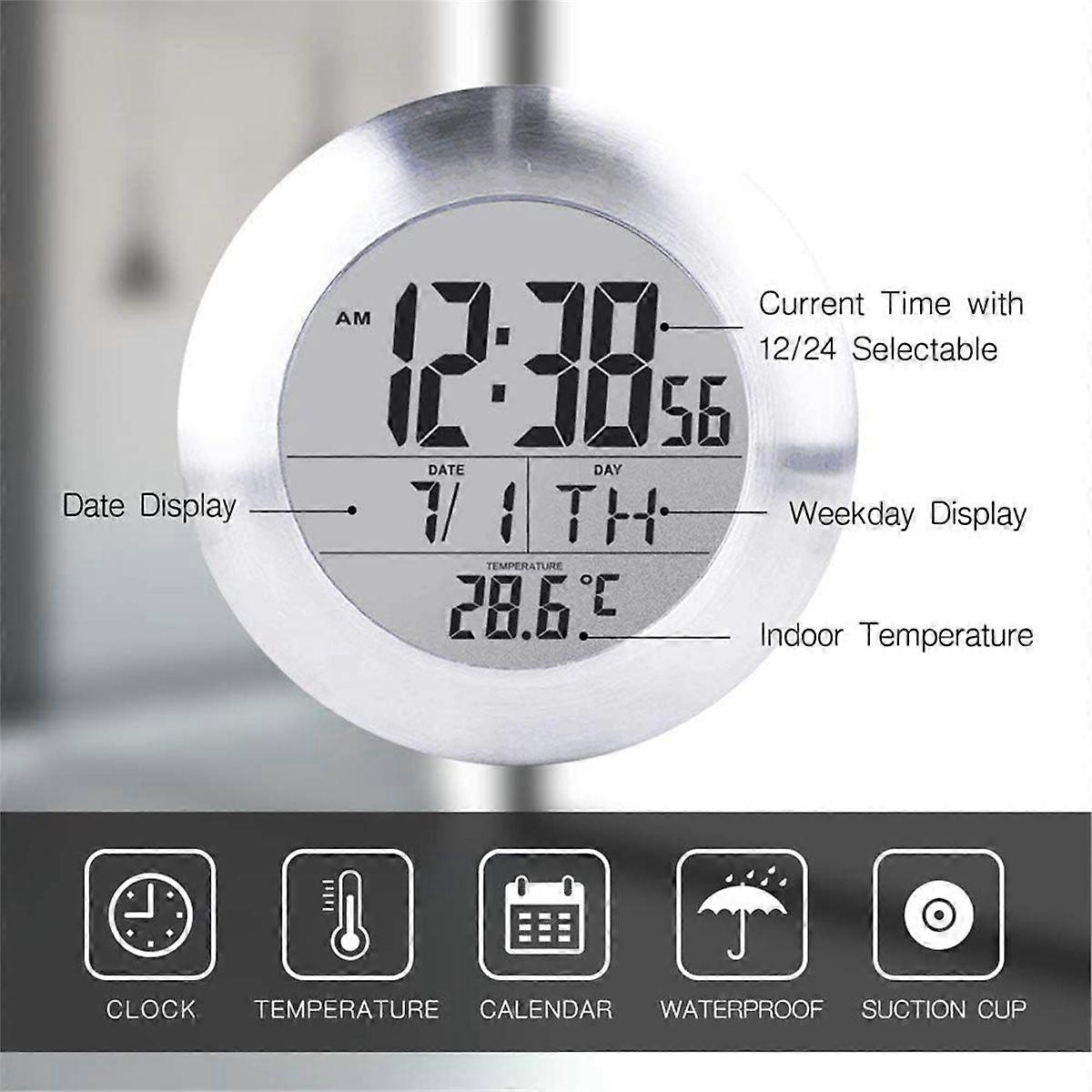 Digital Bathroom Shower Wall Clock, Waterproof, Moisture Proof Meter, Large Screen Display, Calenda