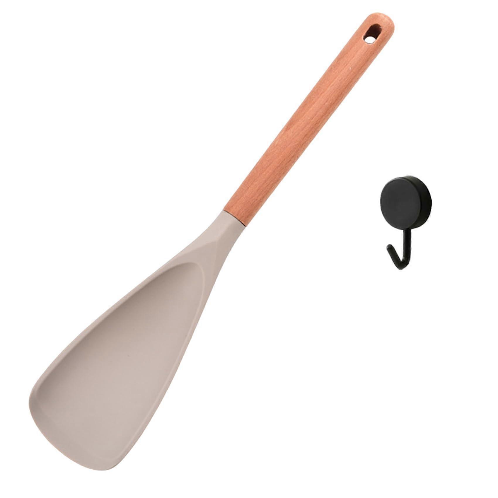 Silicone Cooking Spoon Spatula 2 in 1 Heat Resistant Nonstick Safe with Wooden Handle Khaki 1Pc