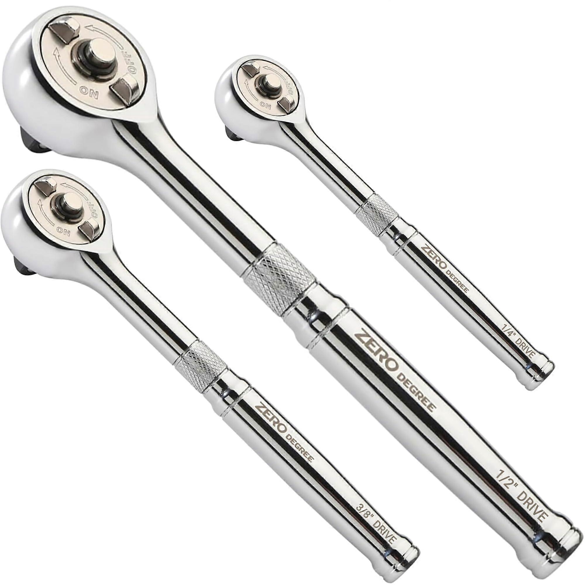 Gearless Ratchet Wrench Set 3pc Less Than 1° Swing for Tight Spaces Magnetic Bearing Carbon Steel