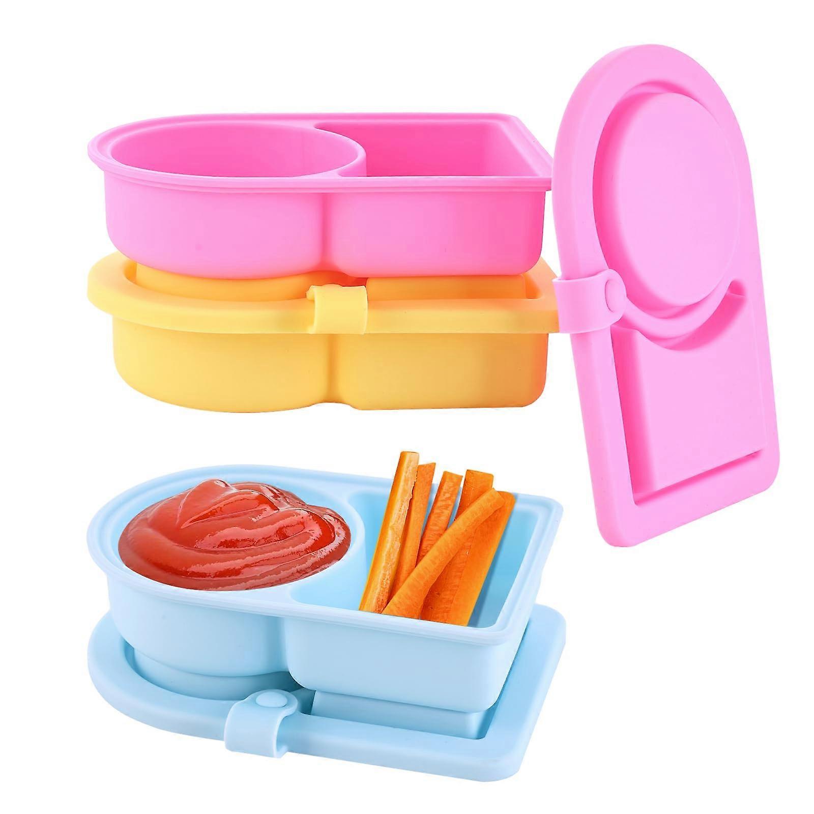 3 Pack Silicone Snack Containers with Leakproof Lids, Double Compartment BPA Food Storage for Travel, Picnic, Office, Multicolor