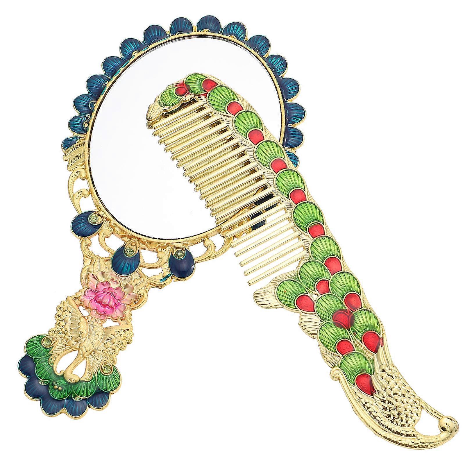 Handheld Makeup Mirror Vintage Peacocks Pattern with Comb 1Set for Home Use