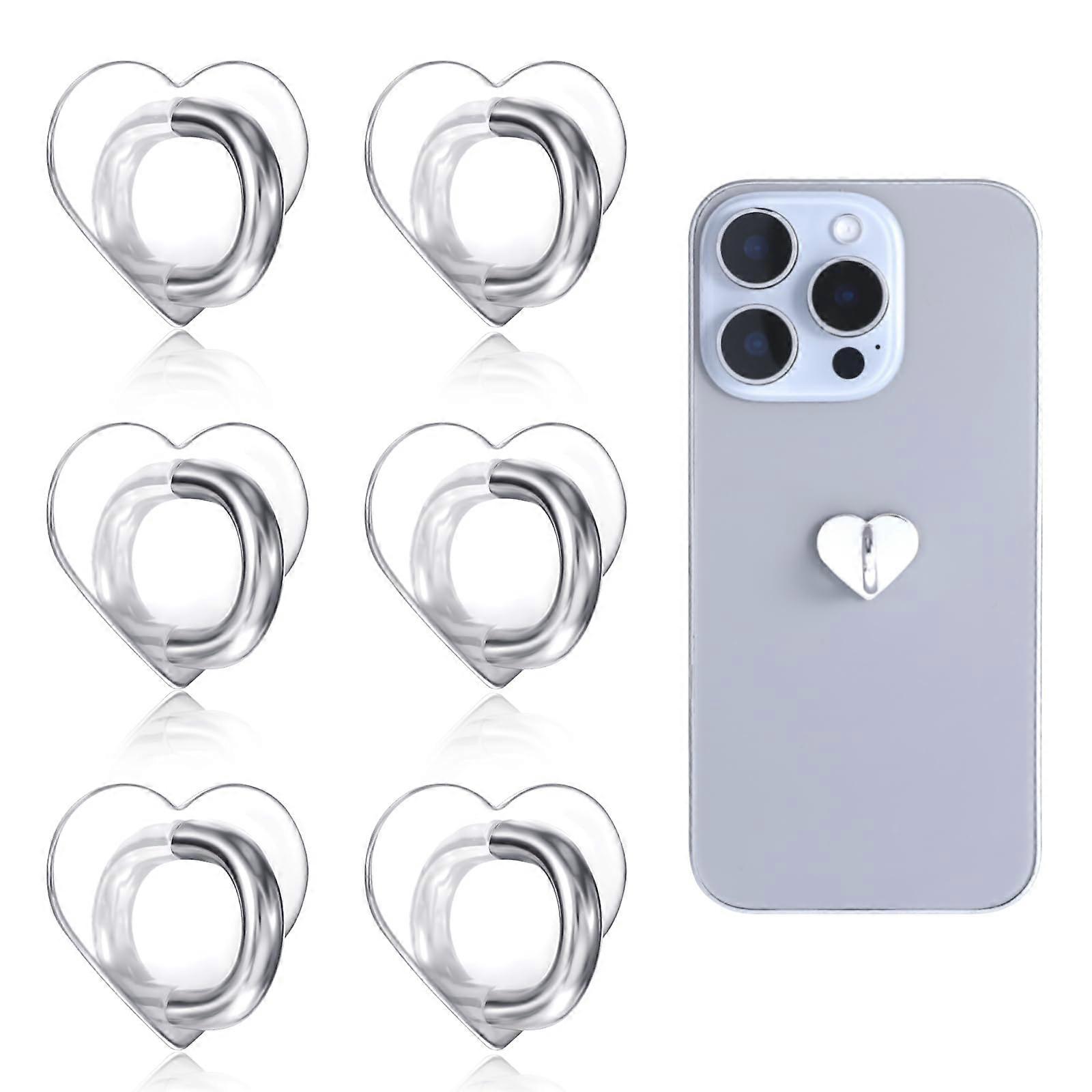 Silver Heart Phone Ring Holder with Foldable Stand and Adhesive Grip, 6 Pack