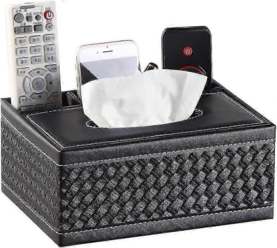 Black Leather Weave Tissue Box Holder with Remote Control Storage