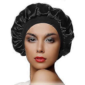Schlafmützen, mit Satin gefütterte Haarhauben für Damen, doppellagiger seidiger Satin und hochelastisches Gummiband (schwarz)