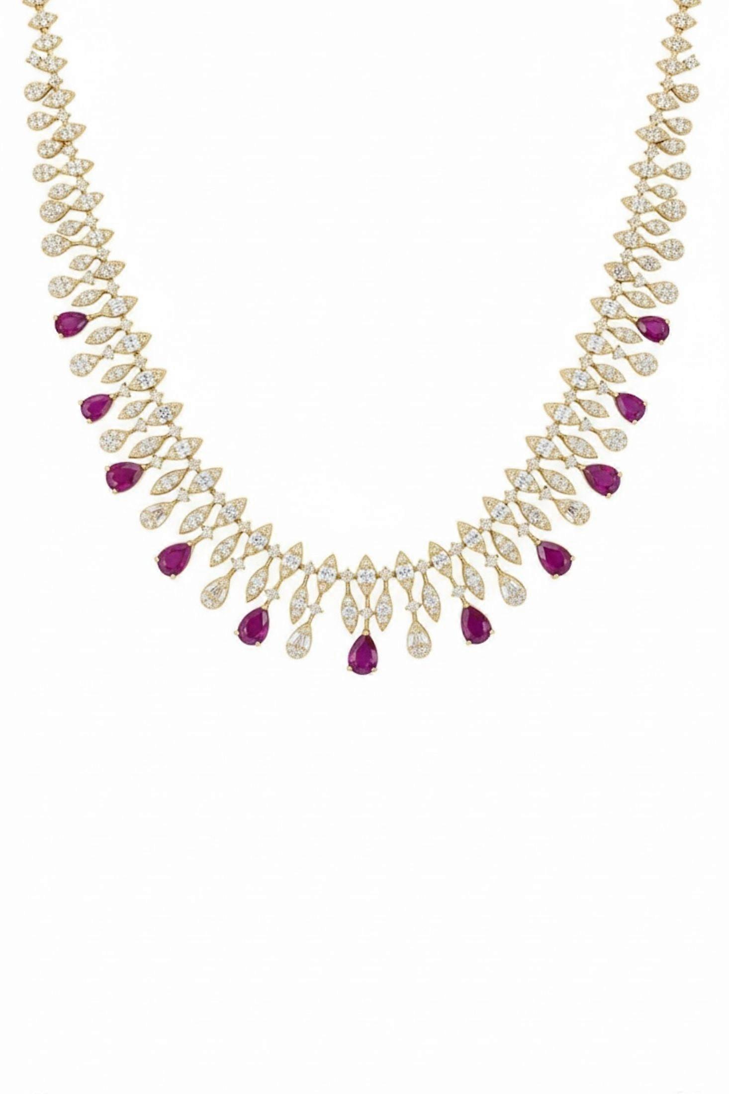 Latelita Duchess Ruby Statement Necklace Gold for Women, 42 cm Sterling Silver Plated 18k Gold with Simulated Diamonds and Lab Grown Ruby Teardrops