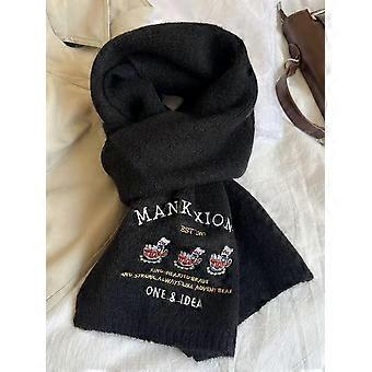 Bufanda de lana tejida con un lindo oso bordado, gruesa, cálida y versátil para mujer, ideal para el invierno y para estudiantes.