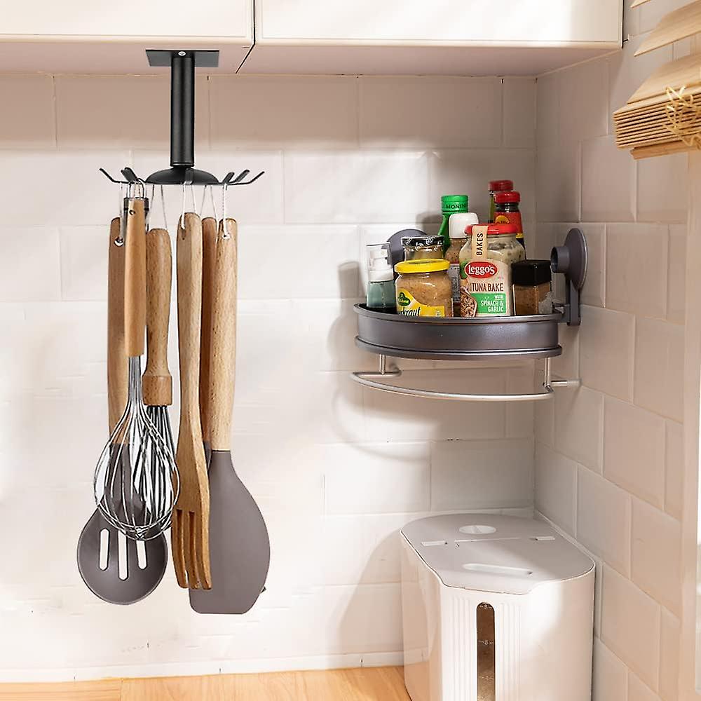 Kitchen Rotating Utensils Hooks, Matte Black Cooking Utensil Rack With 8 Rotatable Hooks For Spoons, Pots, Rags. Top Mounted Metal Kitchen Utensils Ha