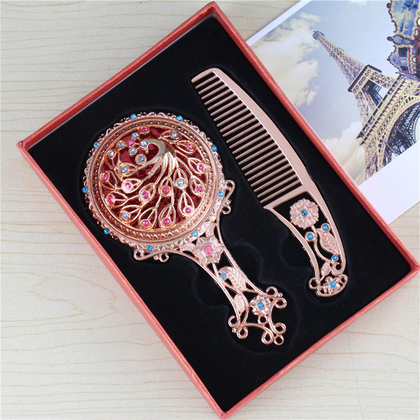 Hollowed Out Metal Mirror Comb Set With Ergonomic Design Handle Comb