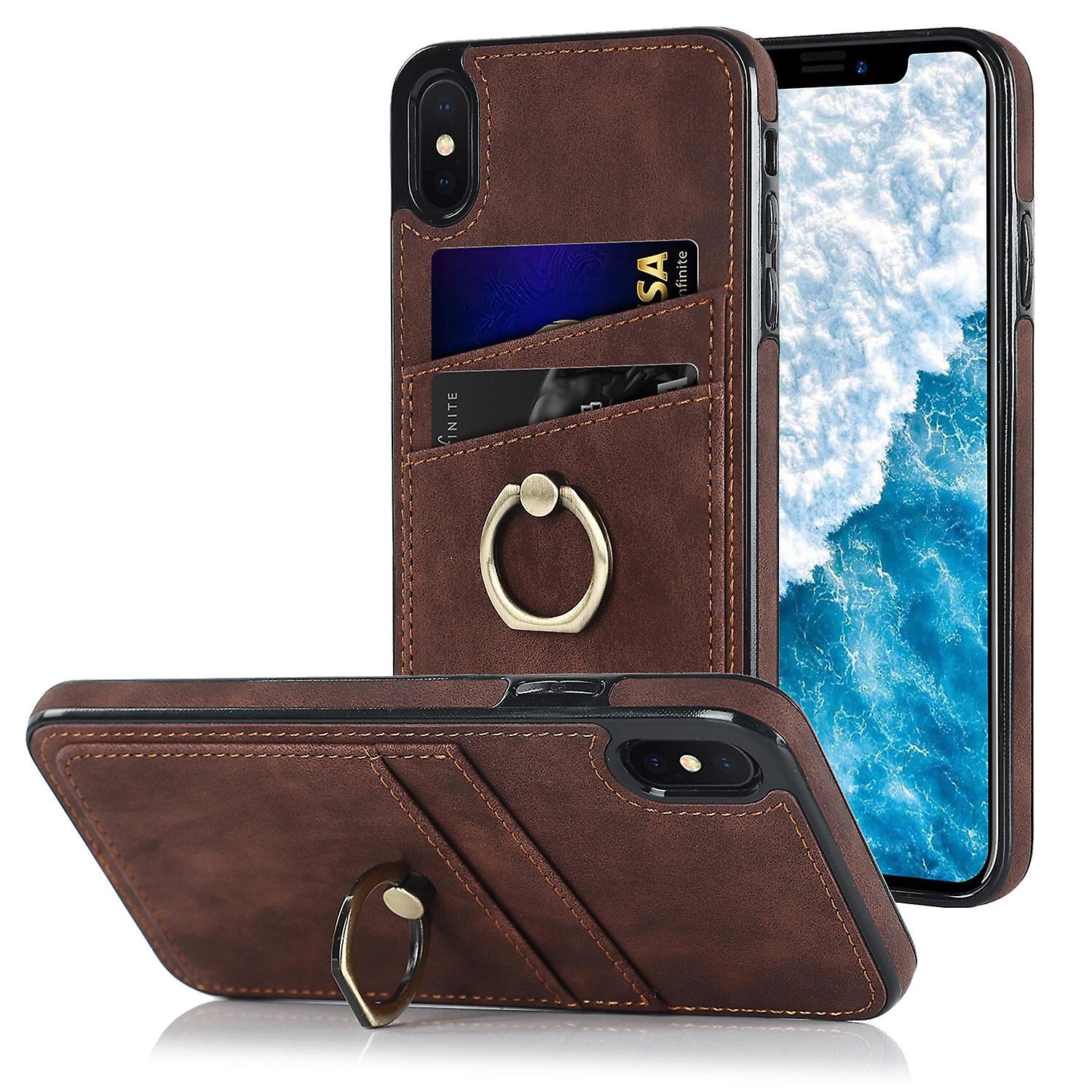 For iPhone Xr Xs 14 13 12 11 Plus Pro Max Case, 360 Rotation Ring Kickstand PU Leather Protective with Credit Card Holder Slot Cover