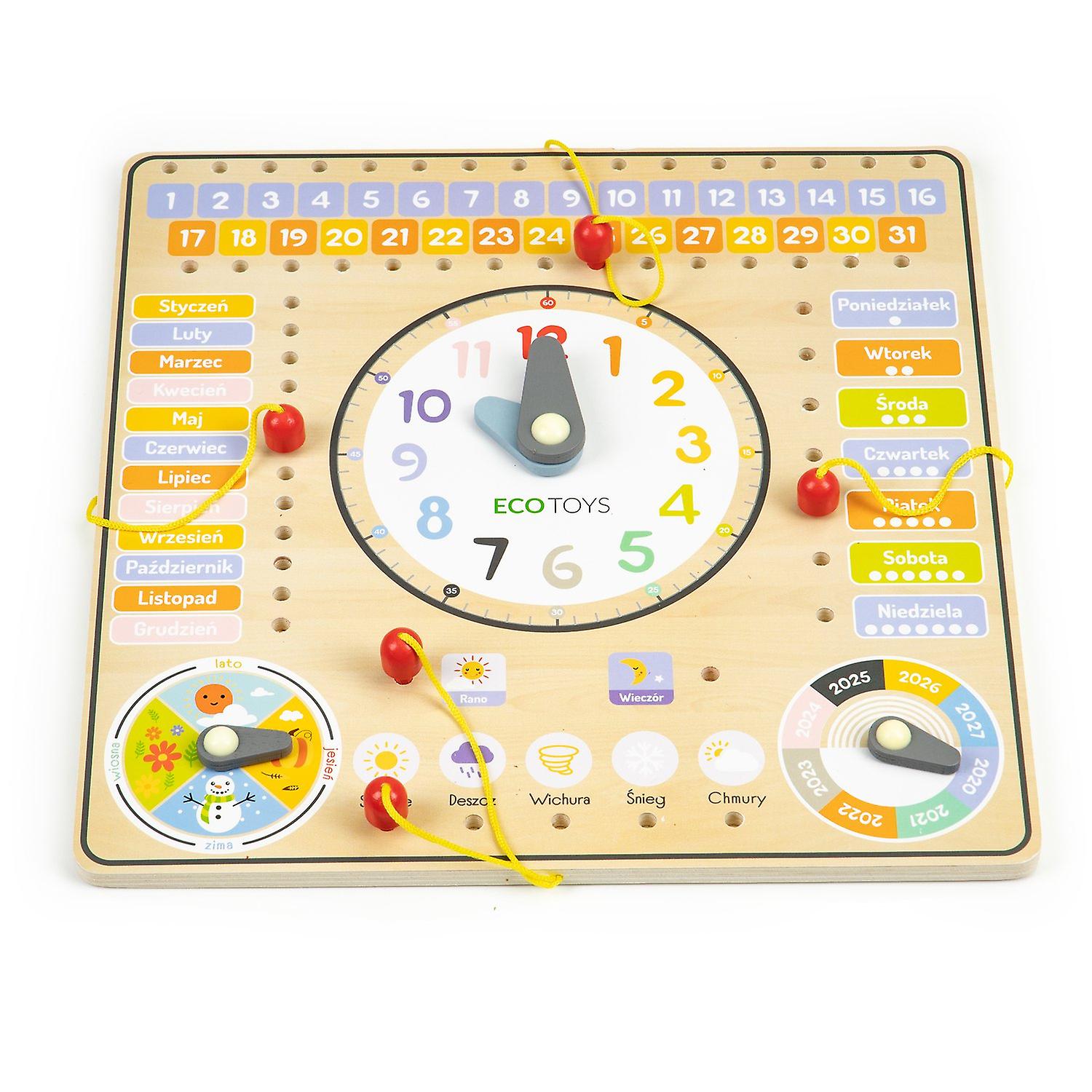 Wooden manipulation board with calendar and clock