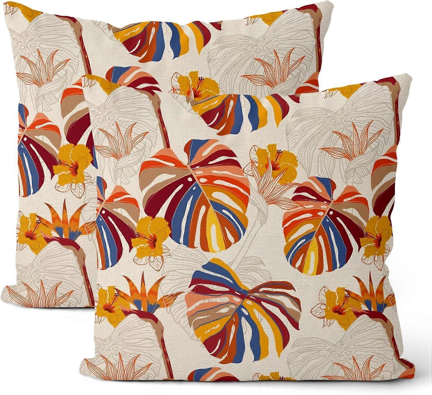 Summer Tropical Leaves Pillow Covers 18x18 Set of 2, Colorful Monstera Palm Decor Throw Pillow Covers Linen Outdoor Decorative Summer Cushion Case for