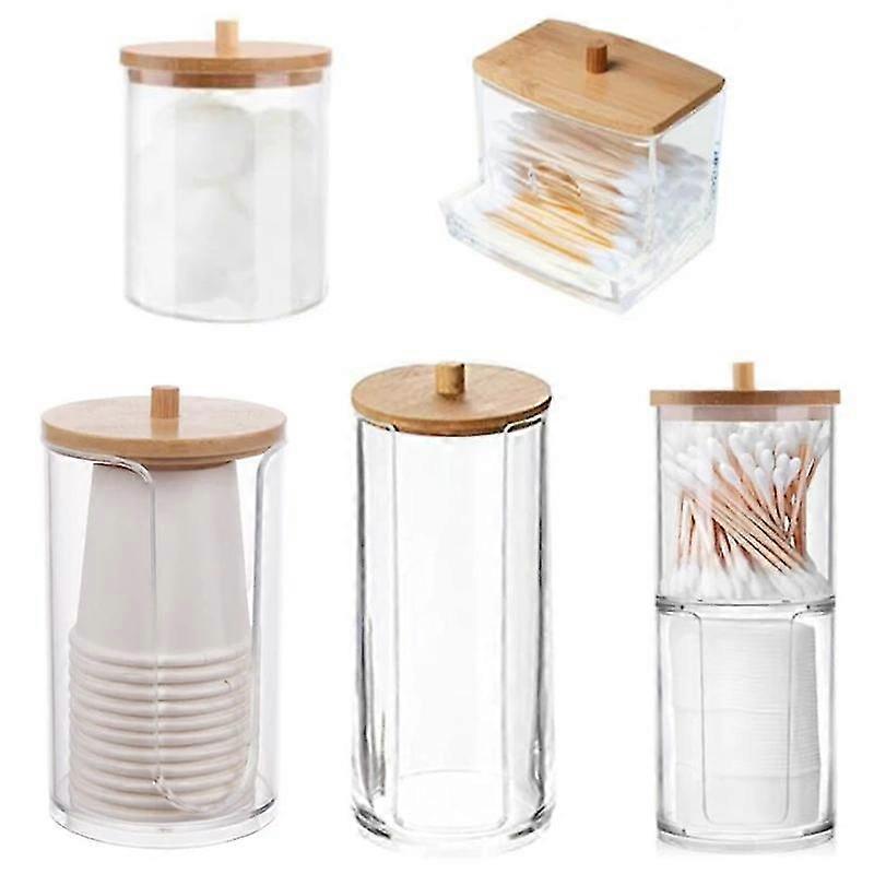 Akrylový úložný box Koupelna Jar Make-up Organizátor bavlna Kulatá podložka Držák bavlněný tampon Box Qtip Držák Dávkovač s bambusovým víkem