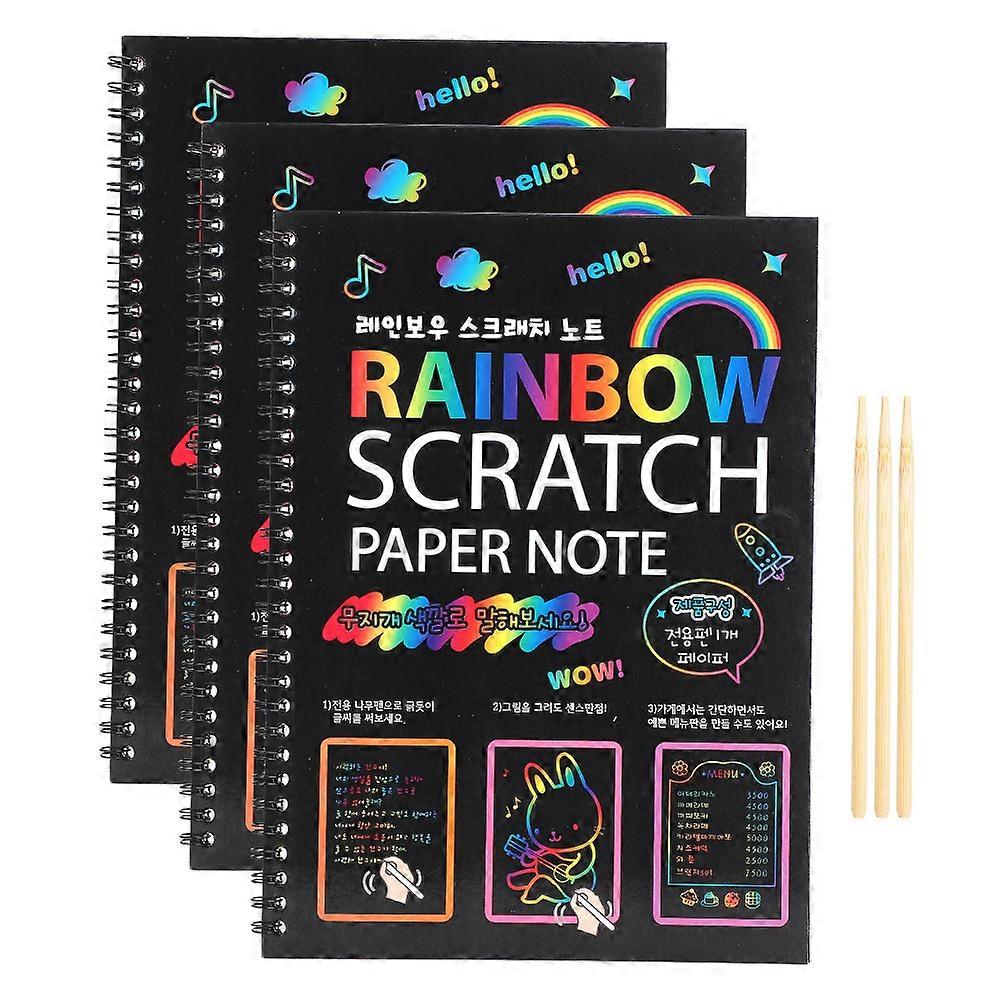 3Pcs Scratch Paper Note Multicolor Rainbow Art Paper Card Children Students Drawing Books