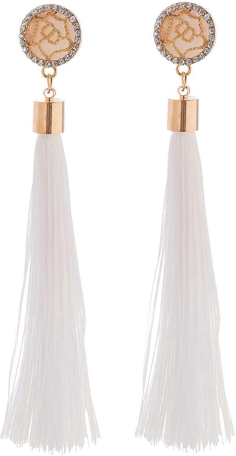 2024 Rose Flower Long Thread Tassel Drop Earrings, Boho Tassel Statement Earrings