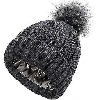 Women Winter Beanie Hat Ladies Warm Knitted Hats With Faux Fur Pom Pom