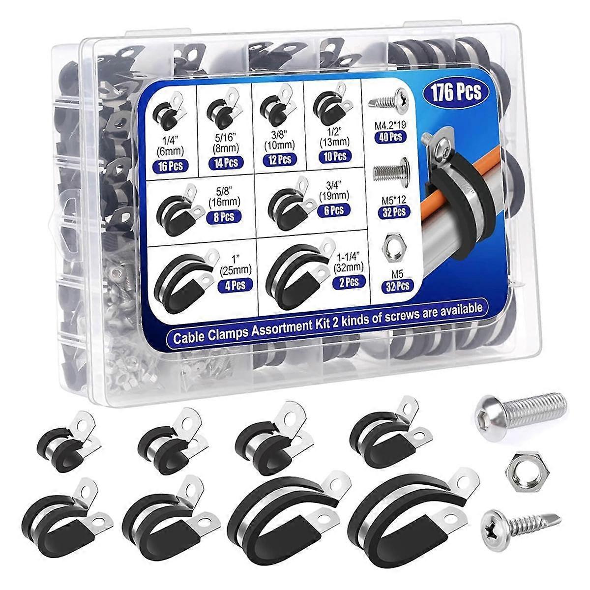176Pcs Cable Clamps Set, 8 Sizes Rubber Insulated Clamps with 72Pcs Screws, for Wire Cord Automotiv