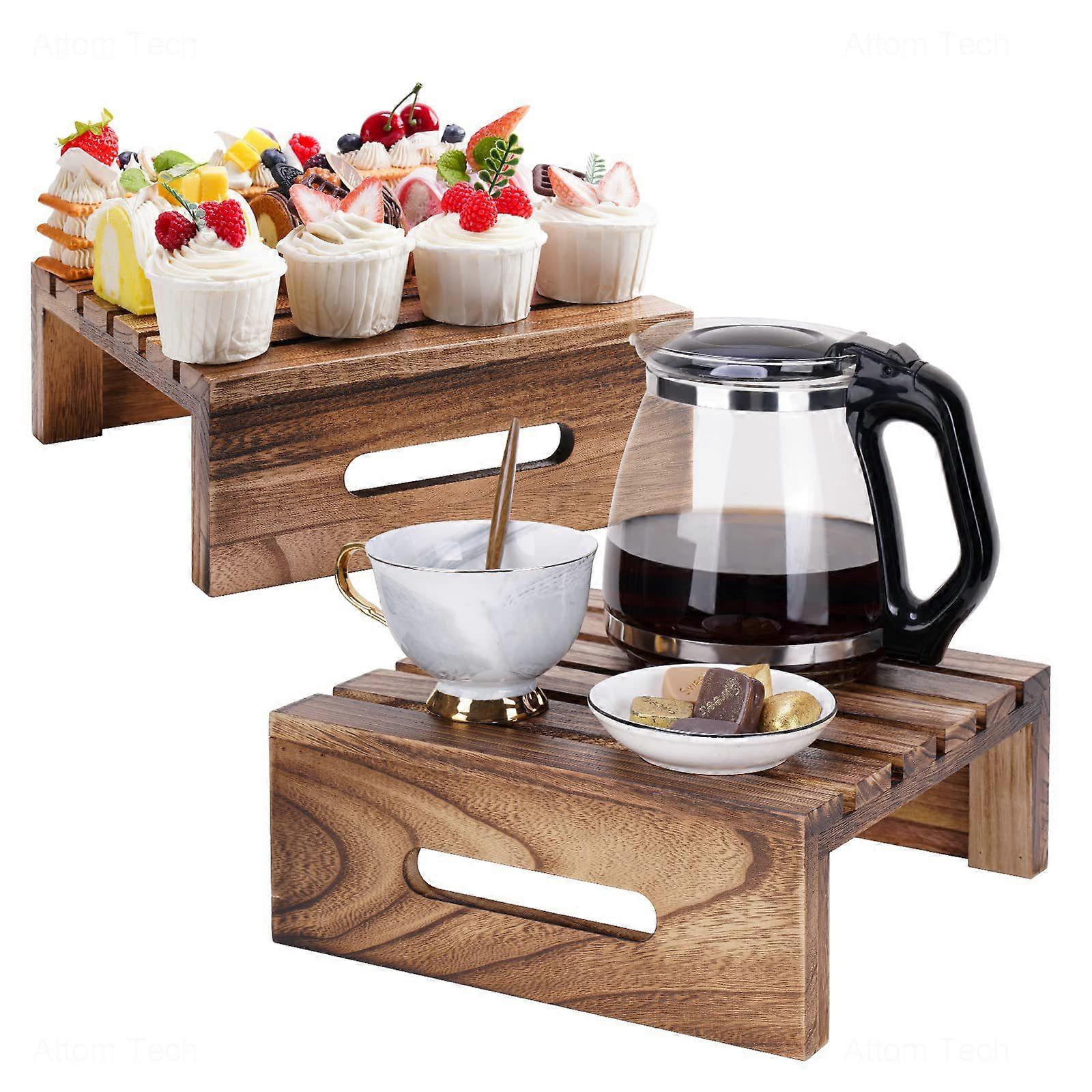 素朴な木製のカップケーキスタンド2個素朴な茶色の焦げた木製ライザーディスプレイケーキに最適です、スナック、デザートビュッフェ、屋内/屋外、結婚式のパーティー、ホム