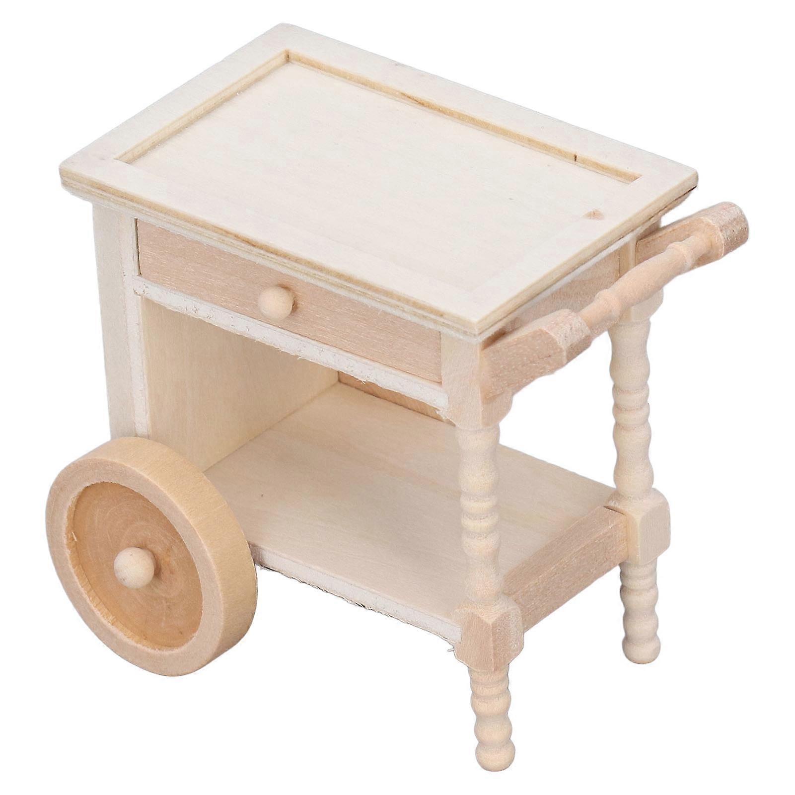 Mini Dining Cart Wooden Unpainted Retro Ornament for 1/12 Dollhouse Miniature Food Serving