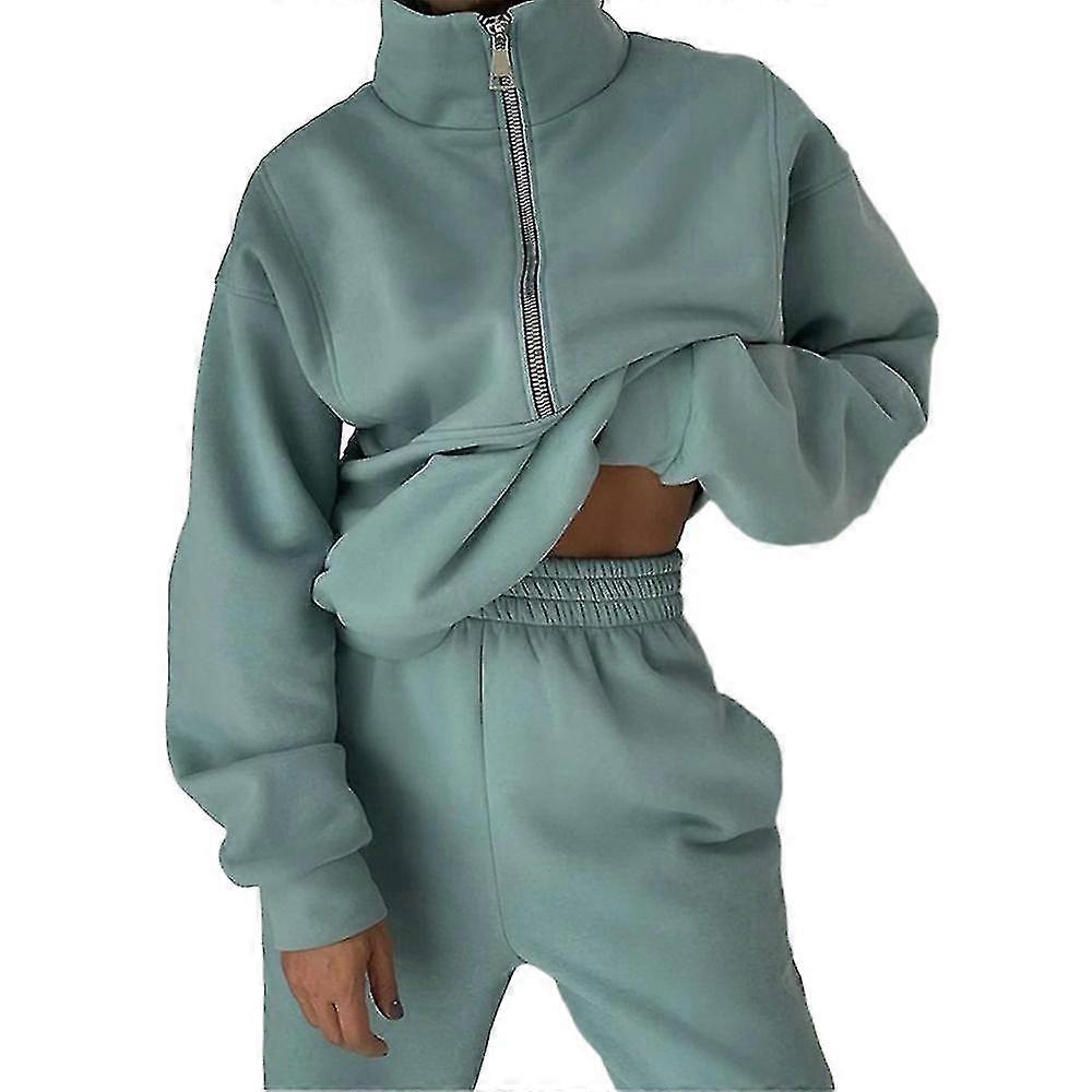 Women Beige Fleece Half Zipper Sweatshirt with Track Pants
