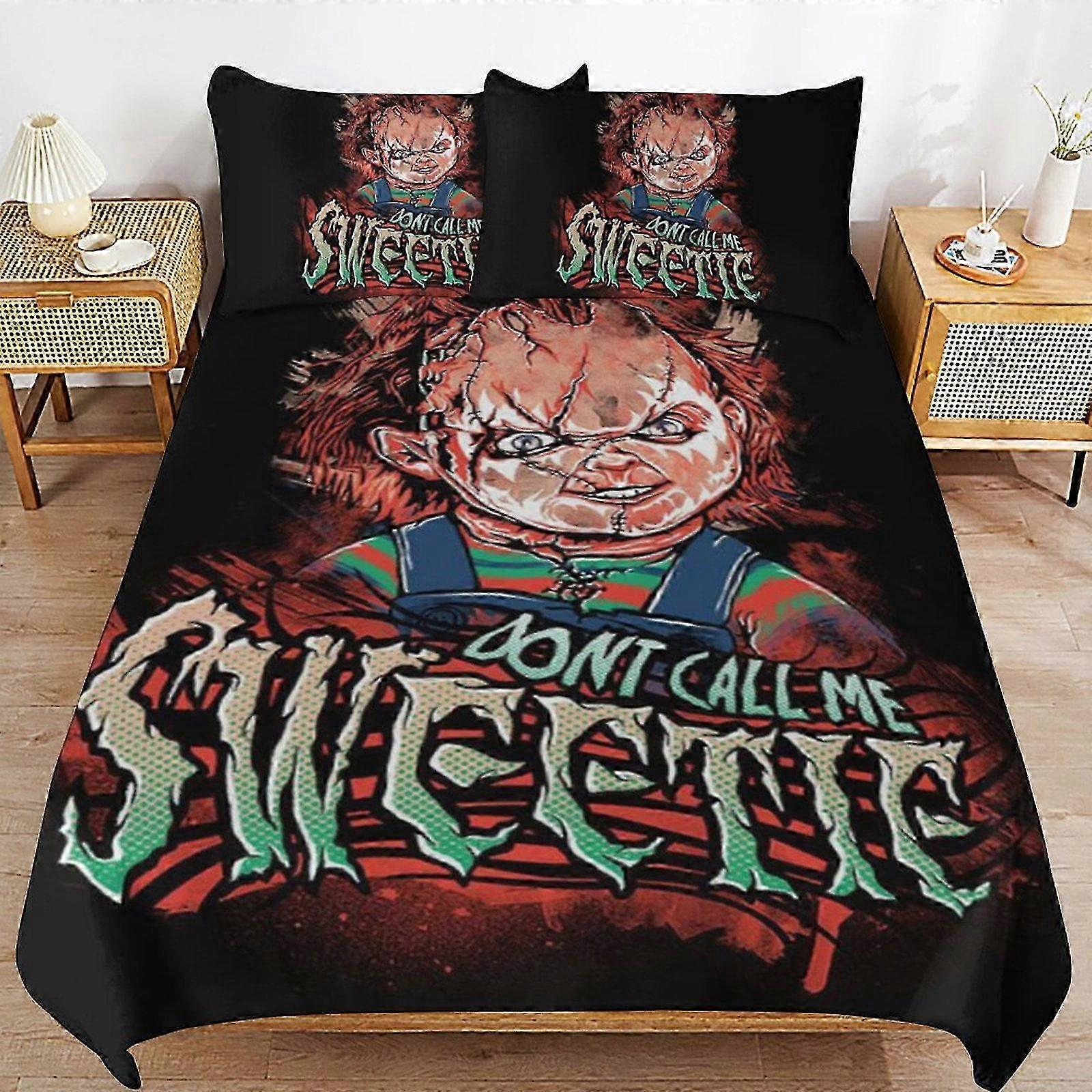 o143 Lakan Chucky Horror Movie påslakanset, 3-delat sängkläder Dekorativt täcke Täcke Set (1 påslakan och 2 örngott) Lakan