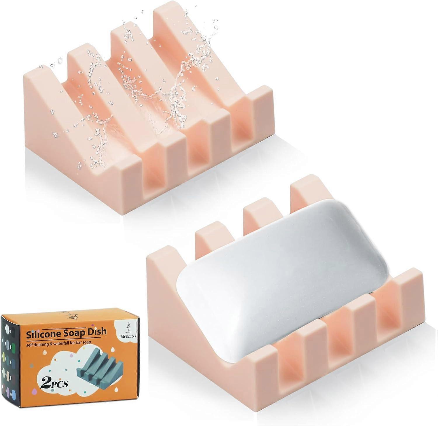 Silicone Soap Container For Shower Bathroom Self-Draining Waterfall Drying Tray Keeps Soap Bars Dry and Easy to Clean(Pink,2)
