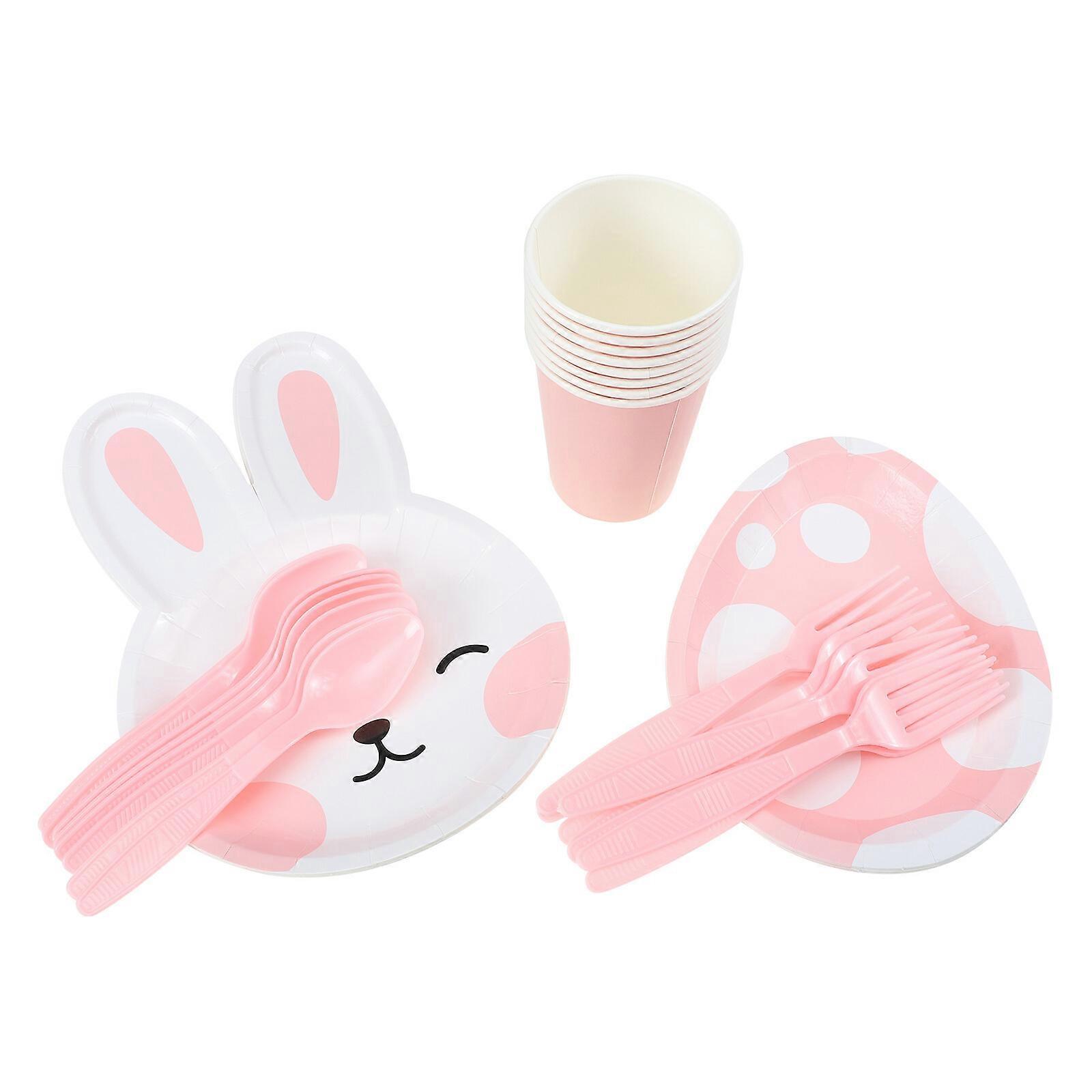1 Set Cardboard Rabbit Plates Egg Plates Cups Fork Spoon Easter Party Supply