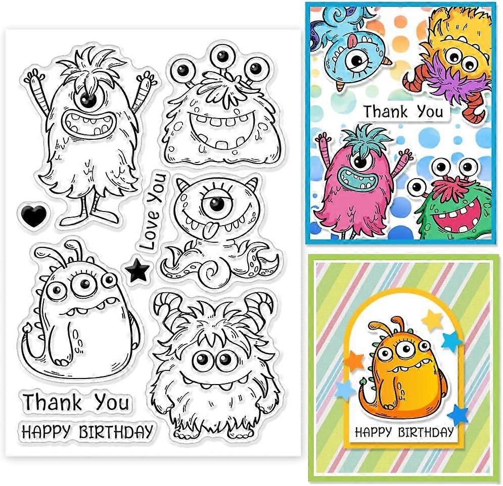 Monsters Birthday Label Clear Stamps Layering Transparent Monsters Stamp Birthday Thank Love You Silicone Stamp for Card Making DIY Embossing Scrapboo