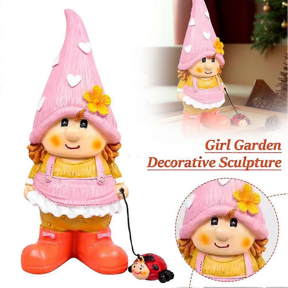 Garden Gnome Decorative Girl Lawn Statue with Ladybug