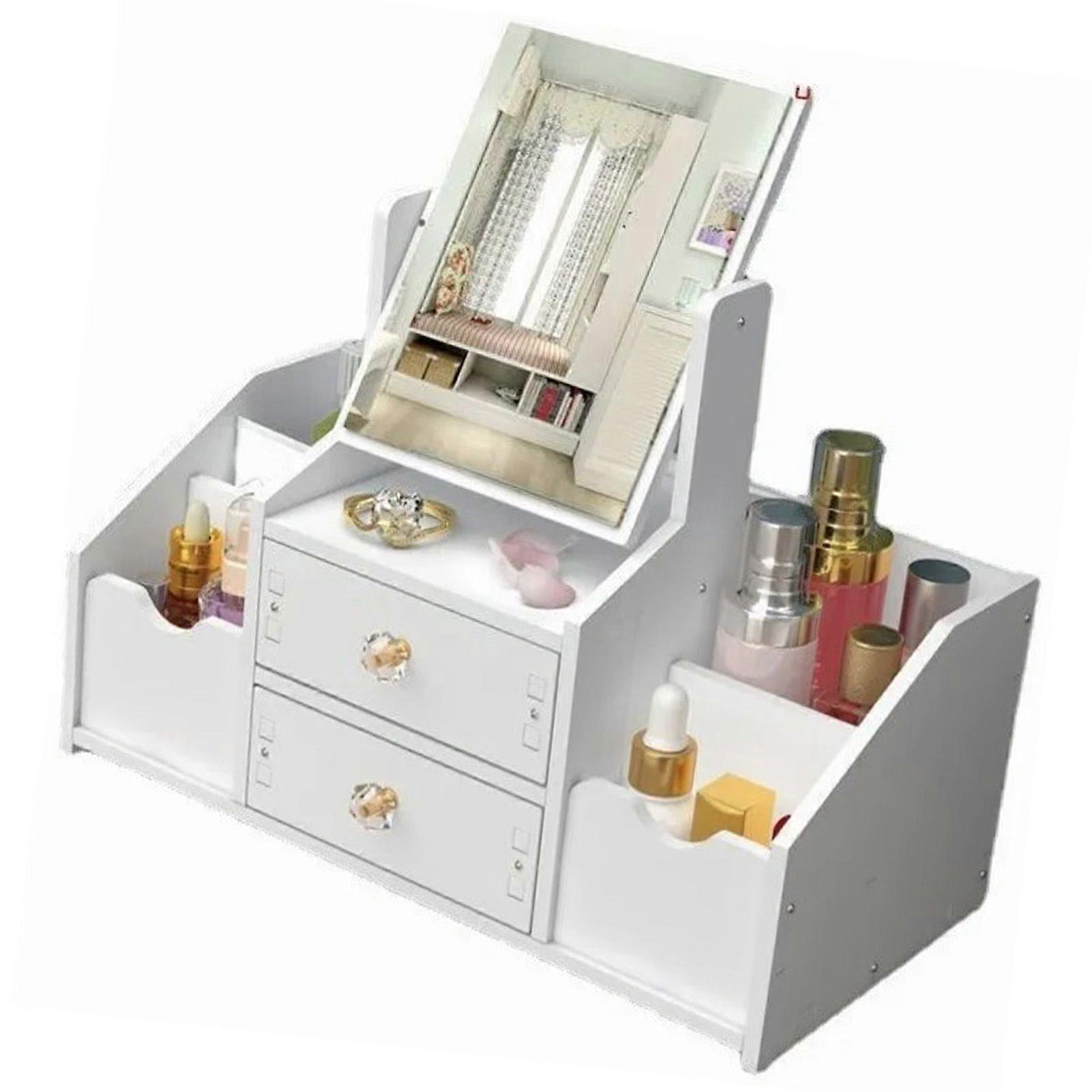 Cosmetic Storage Drawer Large Capacity Plastic Drawer Stationery Container with Mirror White