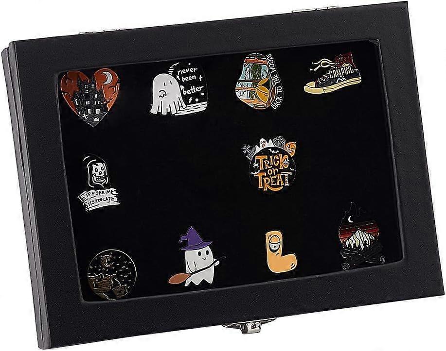 Black Velve Pin Badge Display Case Ring Storage Box Large Jewellery Display Box with Clear Window Shadow Rectangle Box Frame for Medals Badges Brooch