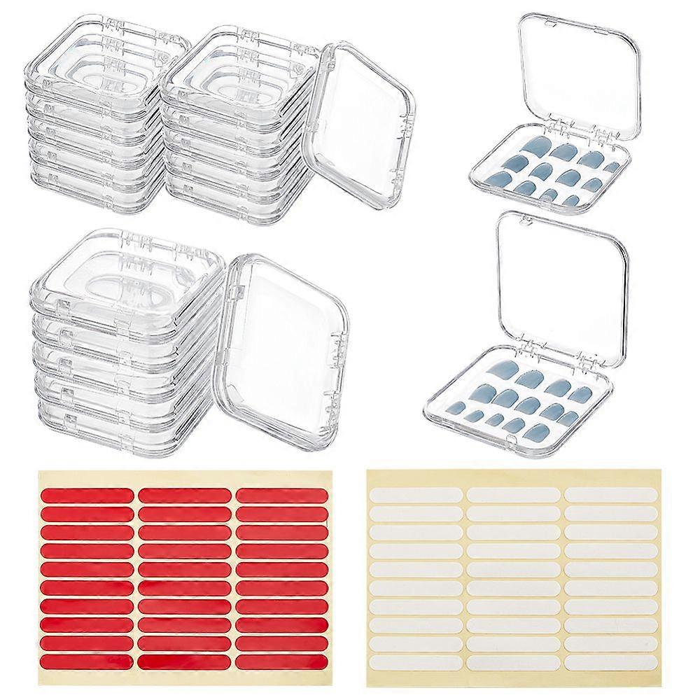 20Pcs Transparent Plastic Nail Art Tool Storage Box with 2 Sheets Double Side Adhesive Glue Sticky Tape For False Nail Tips Clear 7.7~8.7x7.5~8.5x1.6~
