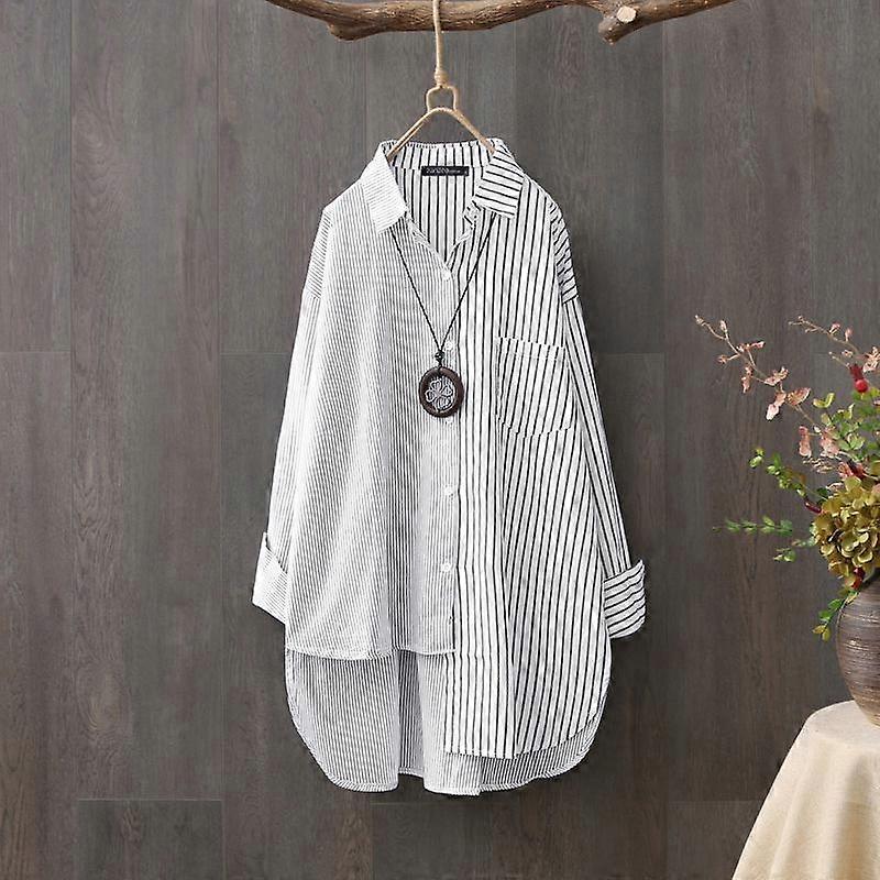 ZANZEA Stripe Casual Turn Down Collar Long Sleeve Asymmetrical Blouse Shirts
