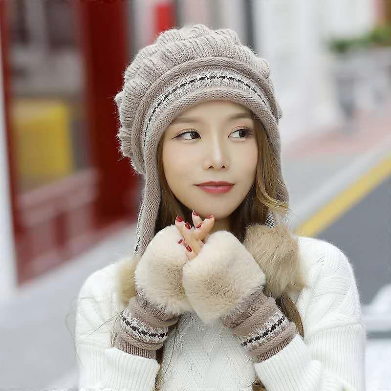 Knitted thermal beanie and gloves  Khaki