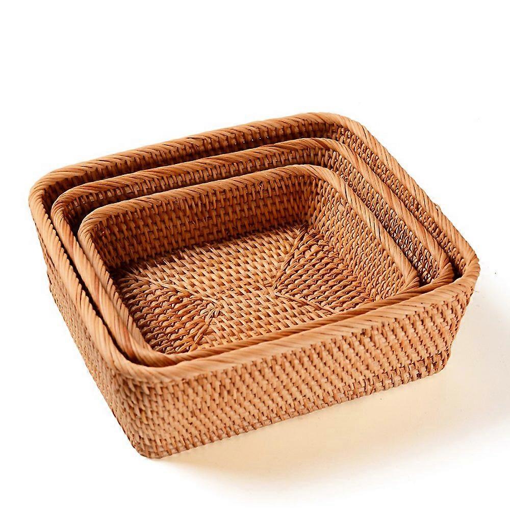 3 Kit Handmade Rectangle Wicker Rattan Fruit Box Magazine Organizer Small Objects Container 3-Size